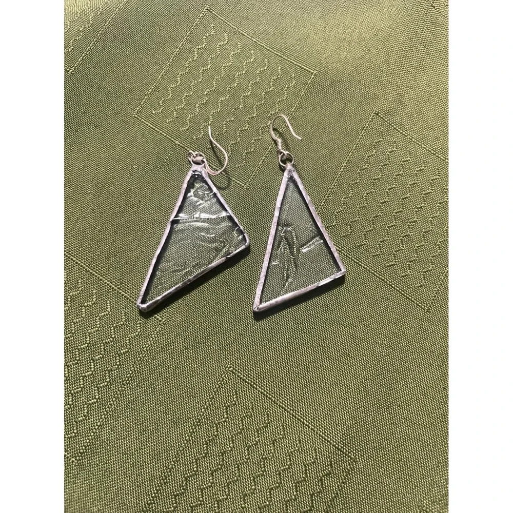 Handmade Stained Glass Triangle Dangle Earrings Silver Tone Textured Clear